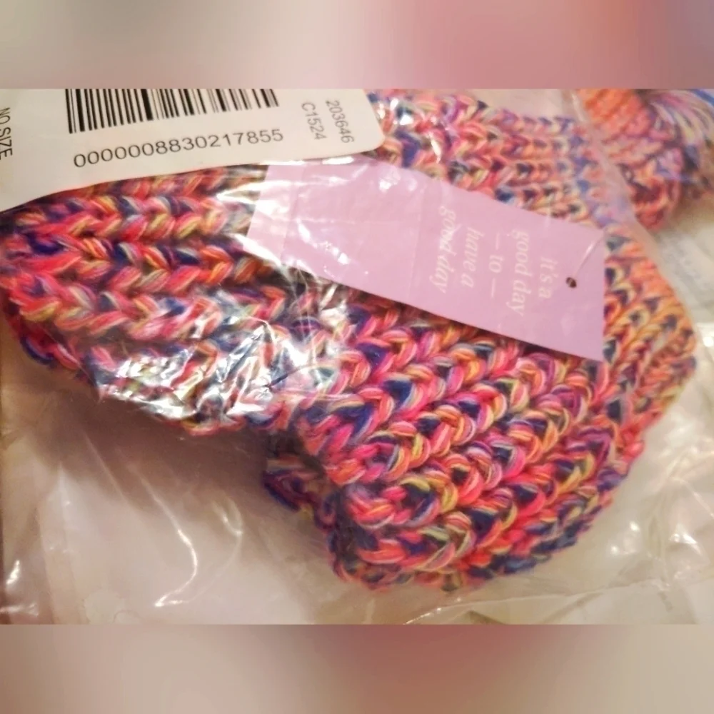 Knitted Pom-pom Hat And Fingerless Gloves Set- Multicolor